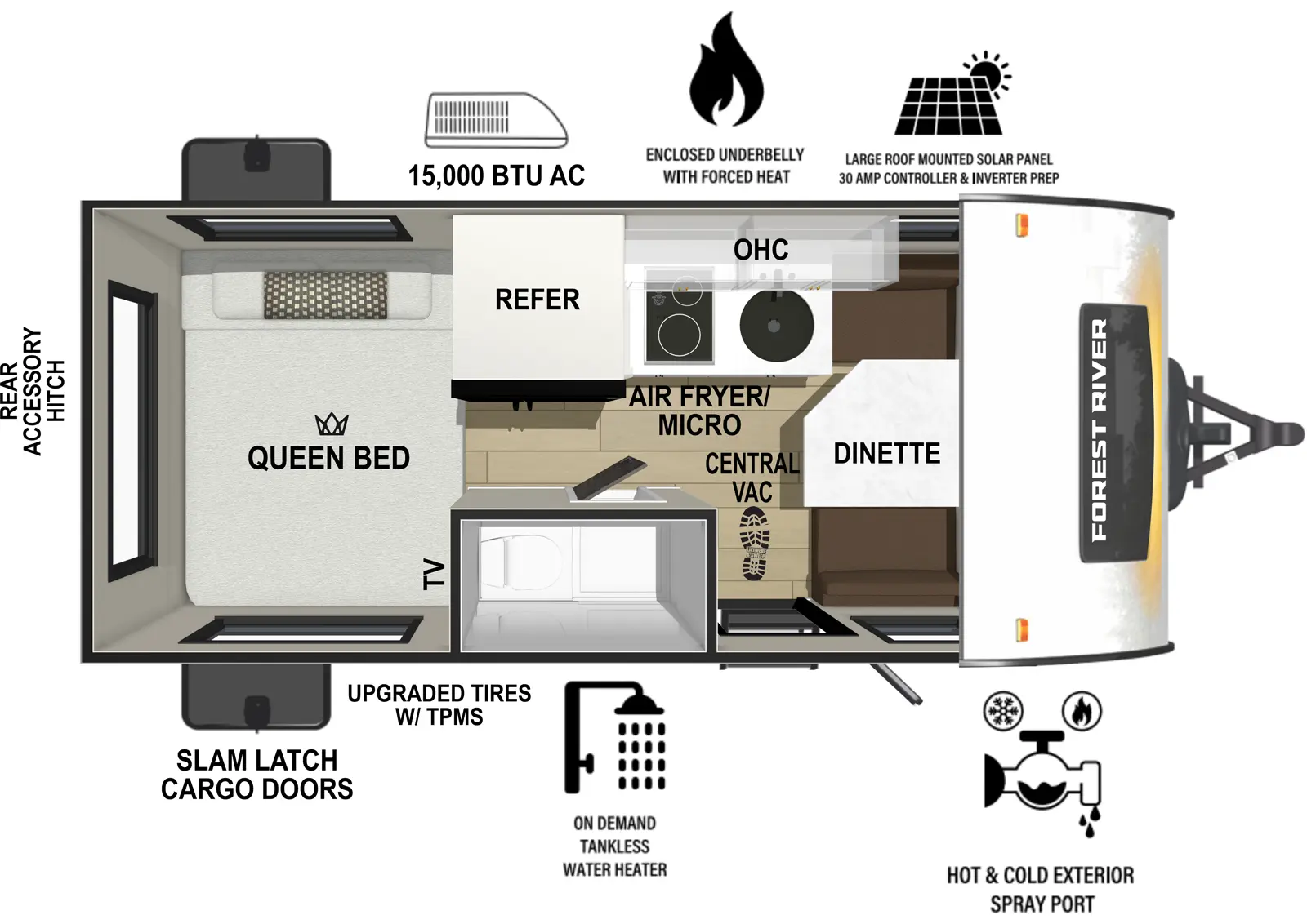 The RP-171 has zero slideouts and one entry. Exterior features slam latch cargo doors, upgraded tires with TPMS, hot and cold spray port, rear accessory hitch, on demand tankless water heater, 15,000 BTU air conditioner, enclosed underbelly with forced heat, and large roof mounted solar panel 30 amp controller & inverter prep. Interior layout front to back: front dinette; off-door side kitchen counter with sink, convection microwave, cooktop, overhead cabinet, and refrigerator; door side entry, central vacuum, wet bathroom, and night light; rear queen bed with door side TV.
